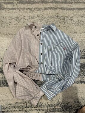 DC Men's Two-Tone Striped and Checked Button-Down Shirt in Blue and Beige